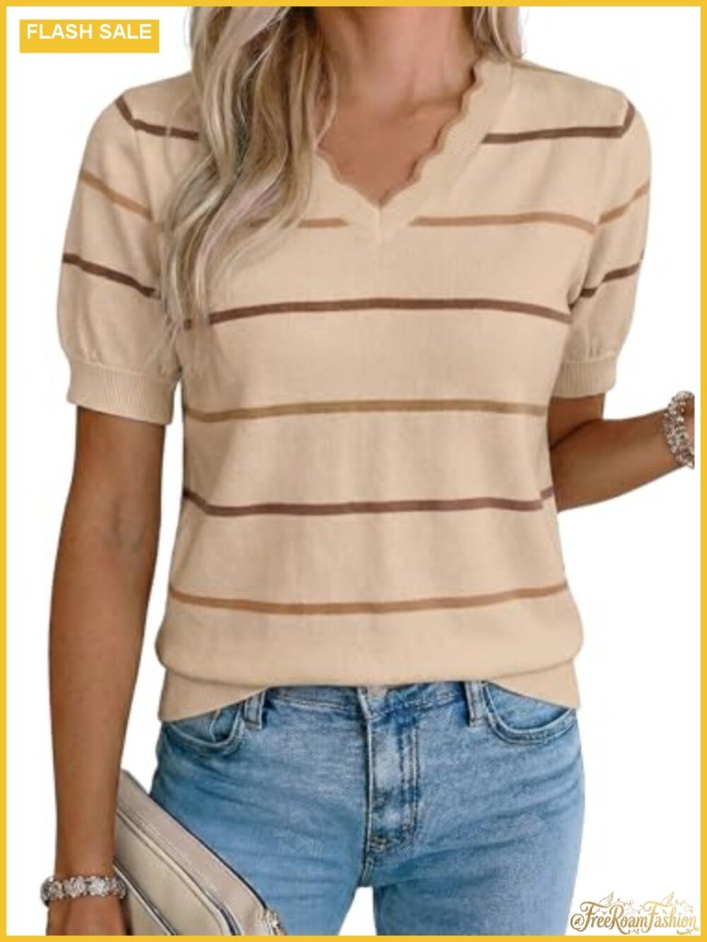 Dokotoo Womens Soft Knit Striped Short Sleeve Sweater Pullover Business Casual